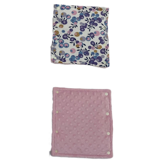 Navy Berry stroller set, two matching popper pads, one patterned cotton and one pink minky
