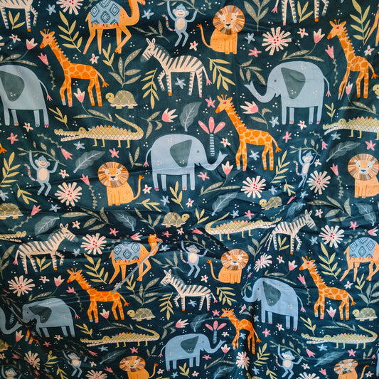 Blue Safari Animals car seat blanket for a 3-point harness, close-up of the safari animal print on the cotton side