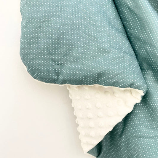 Teal Spot car seat blanket for a 5-point harness, close-up of the patterned cotton and cream minky fabrics