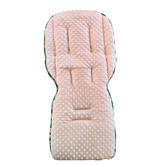 Green and Pink Tractor stroller set, padded stroller liner, pink minky side