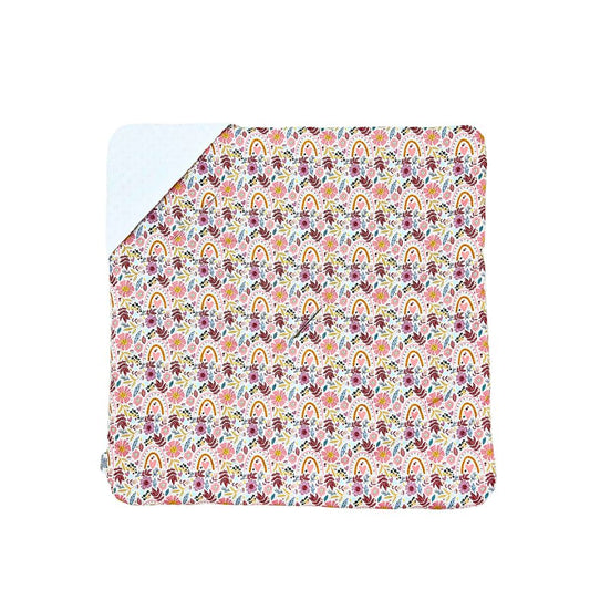 Rainbow car seat blanket for a 5-point harness, patterned cotton side laid flat