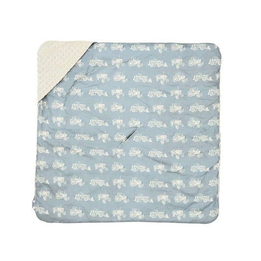 Blue Tractor car seat blanket for a 5-point harness, patterned cotton side laid flat