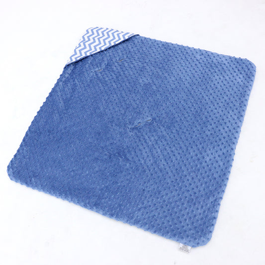 Blue Chevron car seat blanket for a 3-point harness, blue minky fleece side laid flat