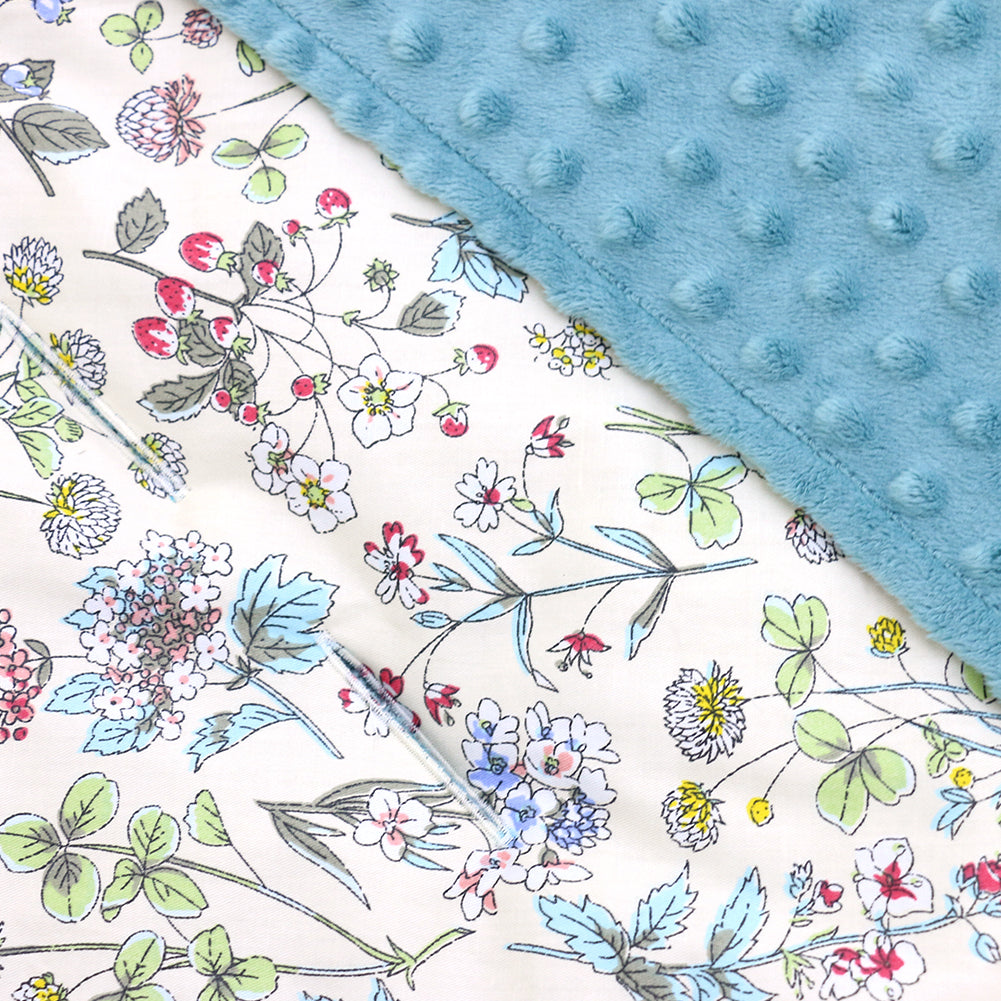 Wildflower car seat blanket for a 3-point harness, close-up of the teal minky side folded over the patterned cotton