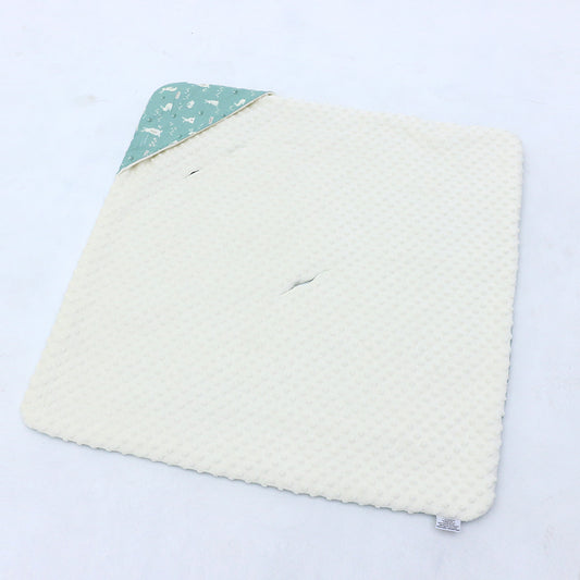 Teal Bunnies car seat blanket for a 3-point harness, cream minky fleece side laid flat