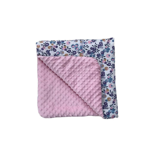 Navy Berry toddler blanket, folded to show the patterned cotton and pink minky sides