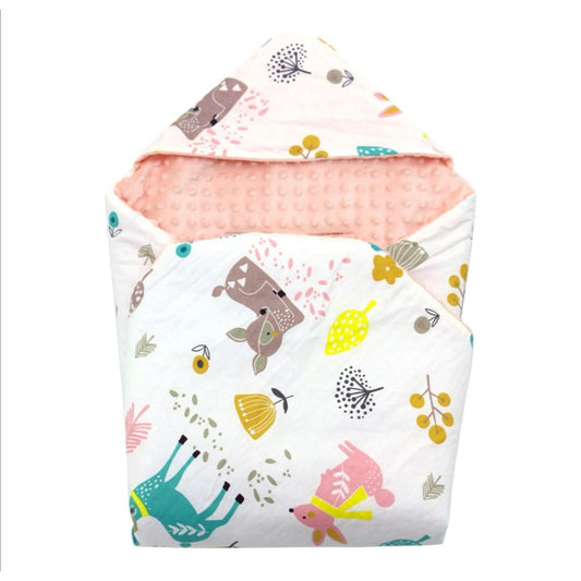 Woodland Animals car seat blanket for a 3-point harness, patterned side out, folded with the peach minky hood