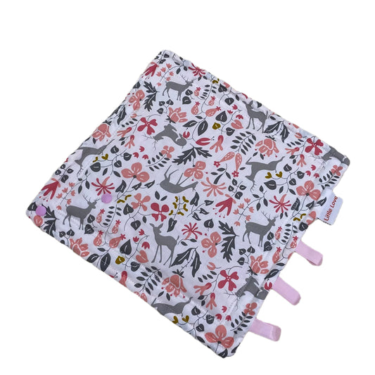 Little Deer taggie, patterned cotton side with ribbon tags and a wooden ring