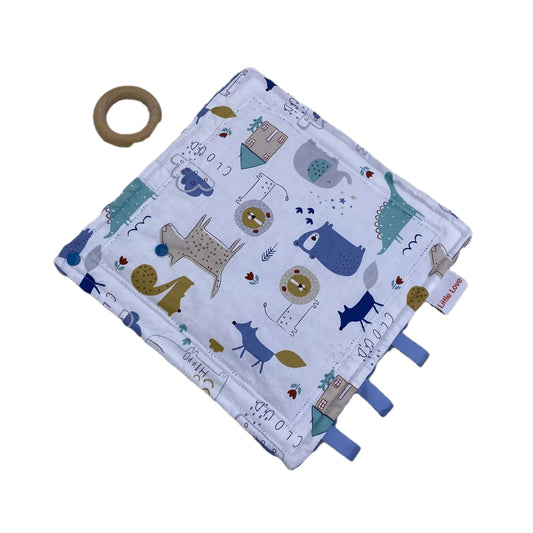 Wild One taggie, patterned cotton side with ribbon tags and a wooden ring
