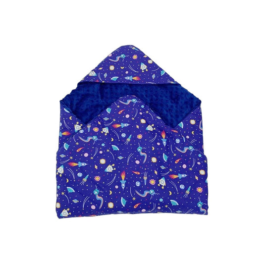 Rocketman car seat blanket for a 3-point harness, patterned side out, folded with the navy minky hood
