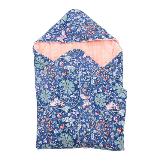 Navy and pink wild flower car seat blanket for a 3-point harness, patterned side out, folded with the pink minky hood