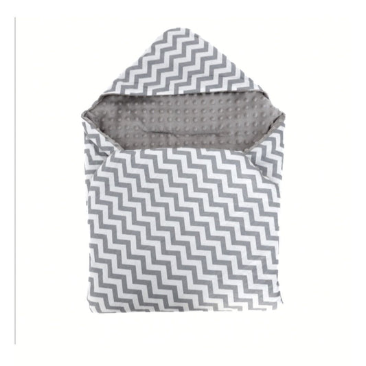 Grey chevron car seat blanket for a 5-point harness, patterned side out, folded with the grey minky hood