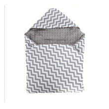 Load image into Gallery viewer, Grey chevron car seat blanket for a 5-point harness, patterned side out, folded with the grey minky hood