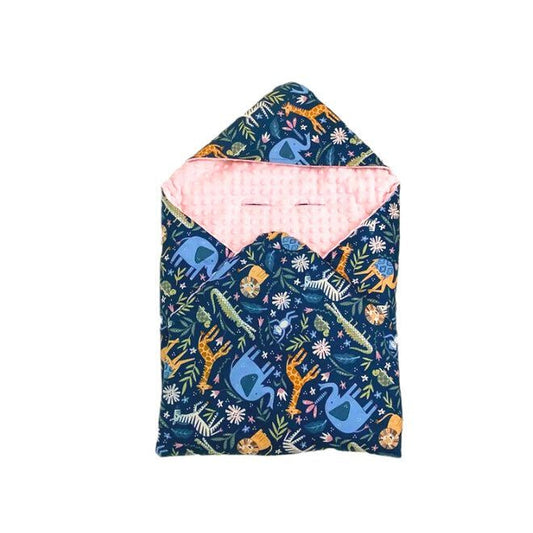 Pink Safari Animals car seat blanket for a 5-point harness, patterned side out, folded with the peach minky hood