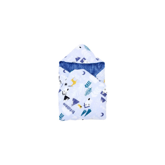 Winter Navy toddler blanket, patterned side out, folded with the blue minky hood
