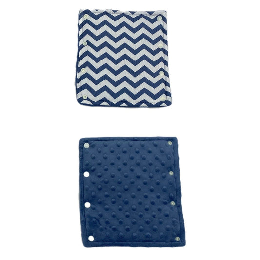 Blue Chevron stroller set, two matching popper pads, one patterned cotton and one navy minky