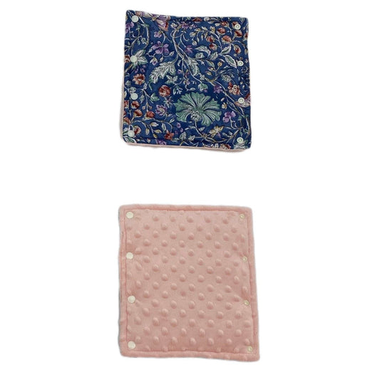 Navy and Pink Wildflower stroller set, two matching popper pads, one patterned cotton and one pink minky