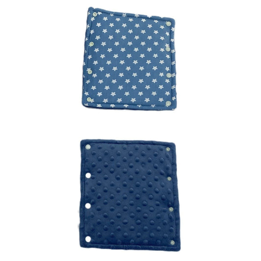 Royal Blue Star stroller set, two matching popper pads, one patterned cotton and one navy minky