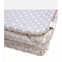 Load image into Gallery viewer, Grey Stars car seat blanket for a 5-point harness, folded to show the patterned cotton and grey minky sides