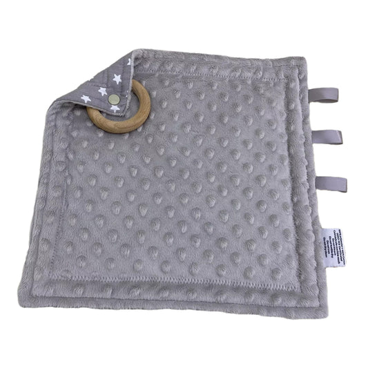 Grey Star taggie, grey minky side with ribbon tags and a wooden ring