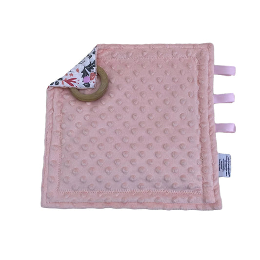 Little Deer taggie, pink minky side with ribbon tags and a wooden ring