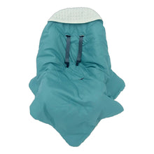 Load image into Gallery viewer, Teal Spot car seat blanket for a 3-point harness, patterned side out, fitted over an infant car seat