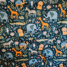 Load image into Gallery viewer, Blue Safari Animals car seat blanket for a 3-point harness, close-up of the safari animal print on the cotton side