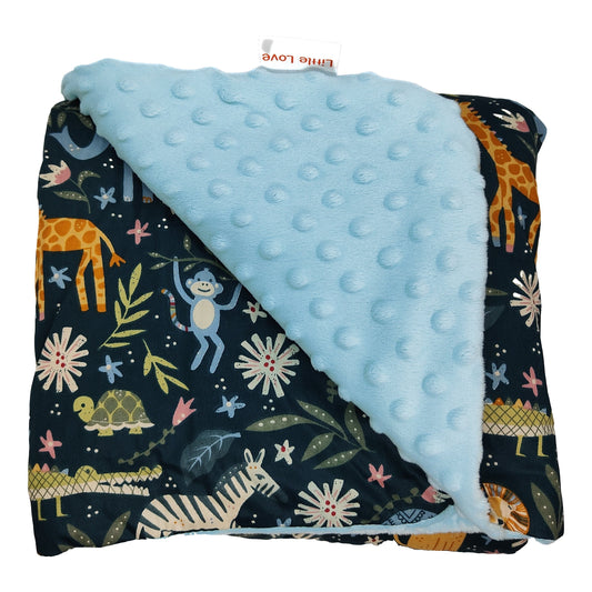 Blue Safari Animals car seat blanket for a 5-point harness, folded to show the patterned cotton and light blue minky sides