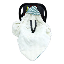 Load image into Gallery viewer, Green Candy Stripes car seat blanket for a 3-point harness, cream minky side out, fitted over an infant car seat