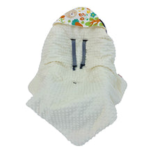 Load image into Gallery viewer, Jack car seat blanket for a 3-point harness, cream minky side out, fitted over an infant car seat
