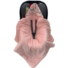 Load image into Gallery viewer, Berry car seat blanket for a 3-point harness, pink minky side out, fitted over an infant car seat