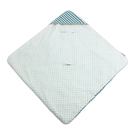 Green Candy Stripes car seat blanket for a 3-point harness, cream minky fleece side laid flat