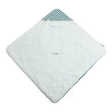 Load image into Gallery viewer, Green Candy Stripes car seat blanket for a 3-point harness, cream minky fleece side laid flat