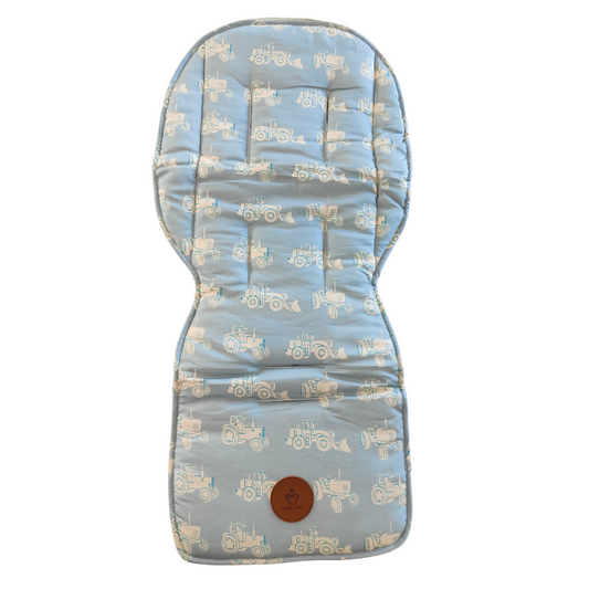 Blue Tractor stroller set, padded stroller liner, patterned cotton side