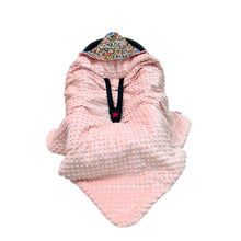 Load image into Gallery viewer, Eleanor car seat blanket, pink minky side out, fitted over an infant car seat