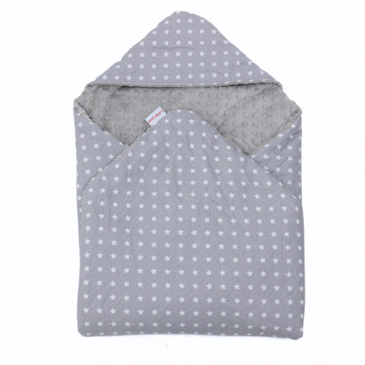 Grey Stars car seat blanket for a 5-point harness, patterned side out, folded with the grey minky hood