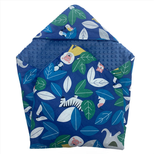 Blue animals car seat blanket for a 5-point harness, patterned side out, folded with the blue minky hood