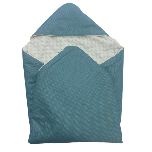 Teal Spot car seat blanket for a 5-point harness, patterned side out, folded with the cream minky hood