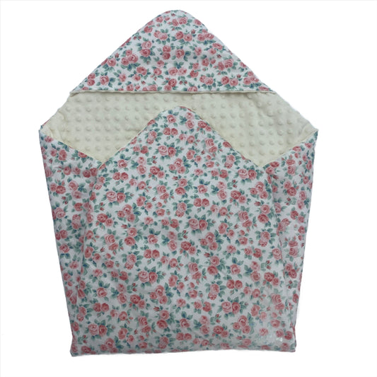 Rose car seat blanket for a 5-point harness, patterned side out, folded with the cream minky hood