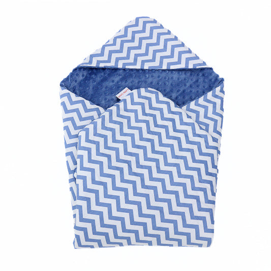 Blue Chevron car seat blanket for a 5-point harness, patterned side out, folded with the blue minky hood