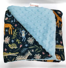 Load image into Gallery viewer, 5 point Blue Safari Animals travel blanket