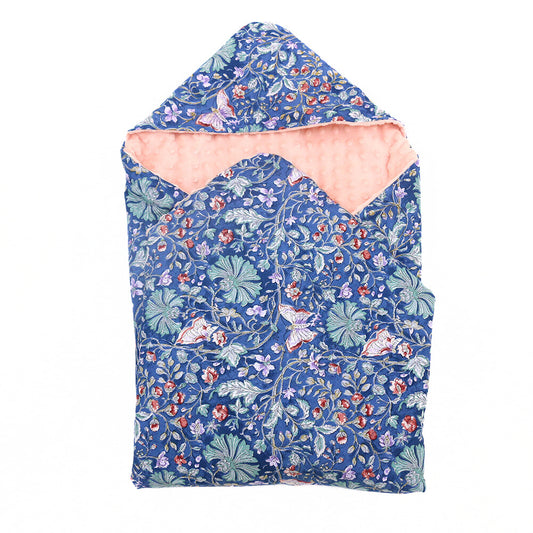 Navy and pink wild flower car seat blanket for a 5-point harness, patterned side out, folded with the pink minky hood