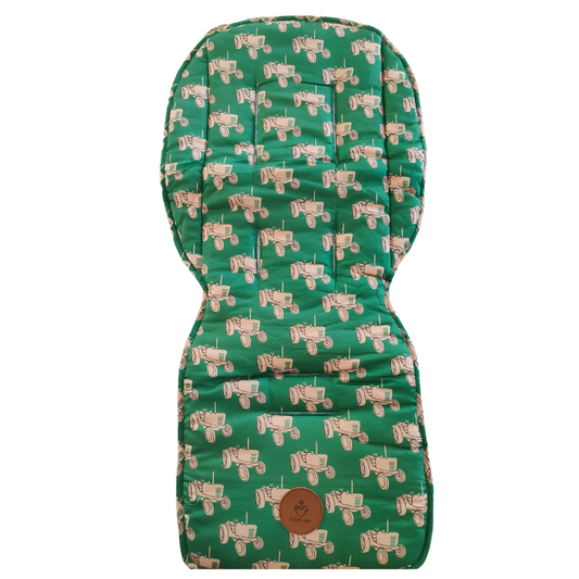 Green and Pink Tractor stroller set, padded stroller liner, patterned cotton side