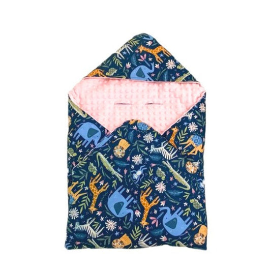 Pink Safari Animals car seat blanket for a 3-point harness, patterned side out, folded with the peach minky hood