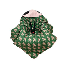 Load image into Gallery viewer, Pink Tractor car seat blanket, patterned side out, fitted over an infant car seat