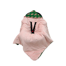 Load image into Gallery viewer, Pink Tractor car seat blanket, pink minky side out, fitted over an infant car seat