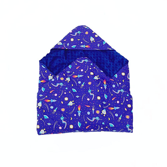 Rocketman car seat blanket for a 5-point harness, patterned side out, folded with the navy minky hood
