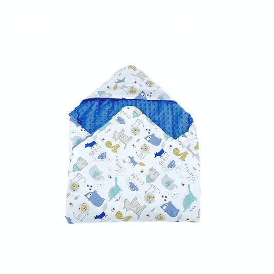 The Wild One car seat blanket for a 5-point harness, patterned side out, folded with the blue minky hood