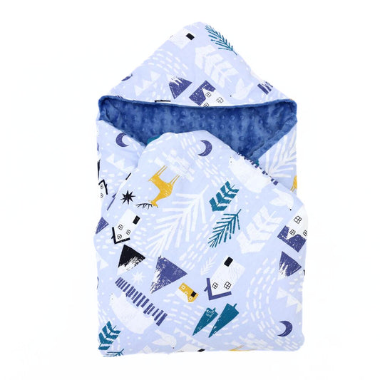 Winter Navy car seat blanket for a 5-point harness, patterned side out, folded with the blue minky hood