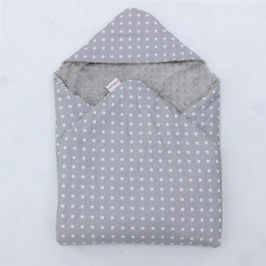 Grey Star car seat blanket for a 3-point harness, patterned side out, folded with the grey minky hood